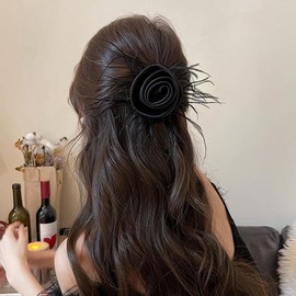 TUCEWP Scrunchies for Women Girls Black Flower Hair Scrunchies for Long Curly Thick Hair Vintage Feather Scrunchy Hair Ties Elegant Satin Elastic Hair Band Ponytail Holders Gothic Hair Accessories