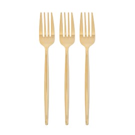 Luxe Party 100 Pieces Premium Plastic Disposable Forks | Matrix Collection | Solid | Full Size | Metallic Silverware | Smooth Finish | Gold