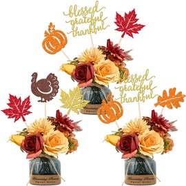 12 PCS Thanksgiving Centerpiece Sticks Blessed Grateful Thankful Table Flower Centerpieces Autumn Harvest Maple leaf Pumpkin Floral Decorations for Happy Thanksgiving Day Party Centerpieces Supplies