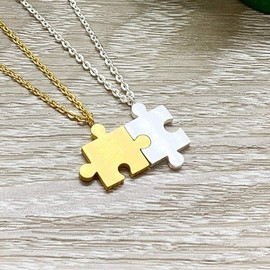 Gold Silver Interlocking Jigsaw Puzzle Piece Necklace Set for 2