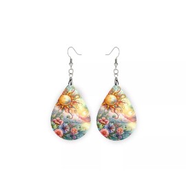 Twisted R Design Calico Floral Print Wood Dangle Teardrop Print Earrings Jewelry