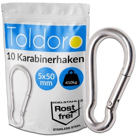 Toldoro Niro AISI 316 V4A Stainless Steel Carabiner 5 x 50 mm Stainless Steel Carabiner Hook Small for Key Chain, Hanging Basket, Dog Lead, Fire Brigade Carabiner, Carabiner Set of 10