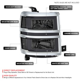 DNA MOTORING Smoked Lens/Clear Reflector Pair of 3D Light Bar Headlights Compatible With Silverado 1500 14-15, GM2502410, GM2503410, HL-LB3-CSIL14-SM-CL
