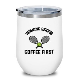 Tennis White Edition Wine Tumbler 12oz - Winning serves - Coach Smash Tennis Trinket Racket Racquetball Racquet Baseline