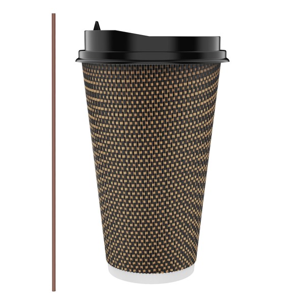 LITOPAK 80 Pack 16 oz Paper Coffee Cups, Insulated Ripple Wall Paper Cups with Lid and Straws, Three Layer Insulated Hot Beverage Cups for Cold/Hot Drinks, Coffee Cups for Parties, Picnic, and Travel.