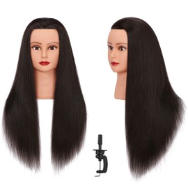 Headlima Cosmetology Mannequin Head Manikin Training Head 26-28'' Synthetic Fiber Hair Styling Practice Doll Head Hairdresser with Clamp Stand (Black B)