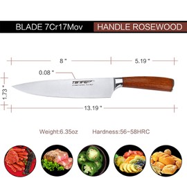 Tonife 8-Inch Chef Knife with 7Cr17MoV High Carbon Stainless Steel Kitchen Knife with Natural Rosewood Handle