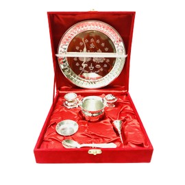 Gavya Silver Plated Pooja thali Set Indian Traditional Pooja Plate Set (Bell, Lota, Jyot) Occasional Gift Puja Thali for Diwali Aarti karwa chauth, raksha bandhan with Red Velvet Box thali - 8.5 inch