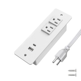 Regleta de alimentación empotrada para conferencias con puertos USB C, carga PD de 20 W para USB C, carga de 10 W para USB A, enchufe de alimentación de escritorio de montaje empotrado, 2 tomas de corriente de extensión de 6.56 pies, color blanco