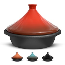 KooK Moroccan Tagine, Enameled Cast Iron Cooking Pot, Tajine with Ceramic Cone-Shaped Closed Lid, 3.3 QT, (Crimson)