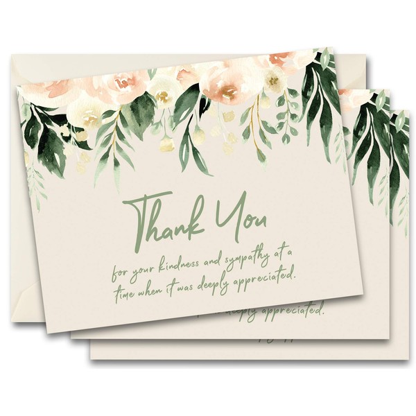 Funeral Thank You Cards - Sympathy Bereavement Thank You Cards With Envelopes - Message Inside (25, Sage Floral)
