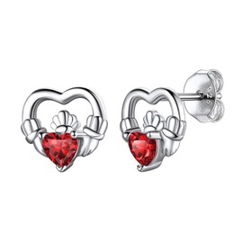 Hypoallergenic 925 Sterling Silver Claddagh Celtic Knot January Birthstone Red Earrings, Birth Stone Jewelry Dainty Cute Stud Heart Shaped Hoop Earrings for Women