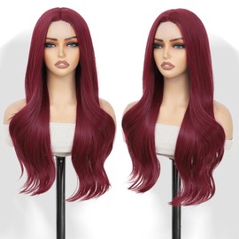 Aokiya Long Wine Red Wig, 26 Inch Middle Part Heat Resistant Synthetic Wig, Natural Looking Wigs for Daily Party Use