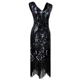 Women 1920s Gatsby V-Neck Sequin Art Deco Flapper Dress with 20s Accessories Set (XL, Black)