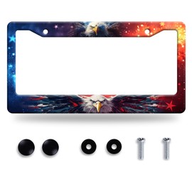 American Flag Eagle License Plate Frame Starry Galaxy USA Flag License Plate Holder Funny License Plate Stainless Steel Patriotic Car Accessory with Screws Men Women Car Decoration 12.3" x 6.3"