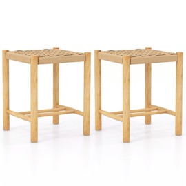 COSTWAY Patio Wooden Dining Stools Set of 2, 14-inch Wide Rustic Backless Saddle Stools with Rubber Wood Frame and Woven Paper Seat, 18-inch Height Outdoor/Indoor Counter Stools for Backyard Kitchen