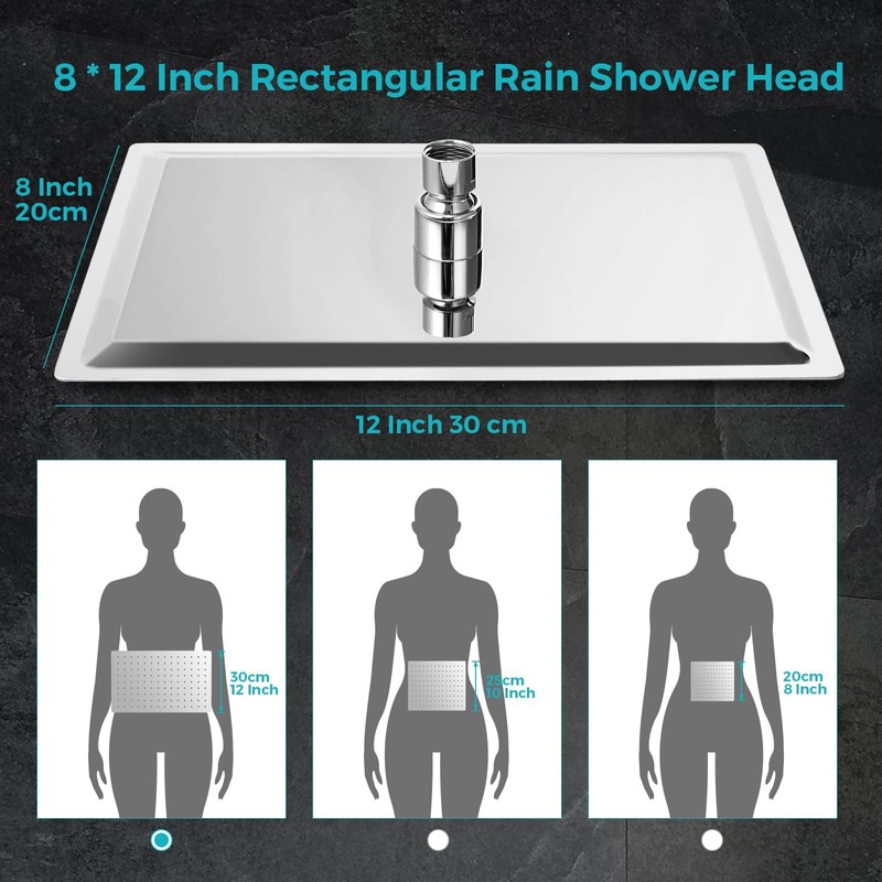 Shower Head, 12" Luxurious All Metal Rectangular Rain Shower Head