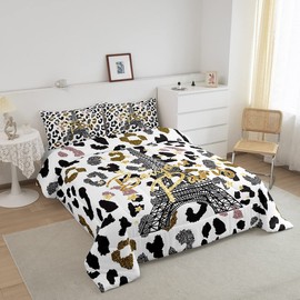 Feelyou Eiffel Tower Comforter Set Leopard Print Bedding Set for Kids Boys Girls Paris Tower Comforter Cheetah Print Quilt Set 1 Comforter Set with 2 Pillowcases Queen Size