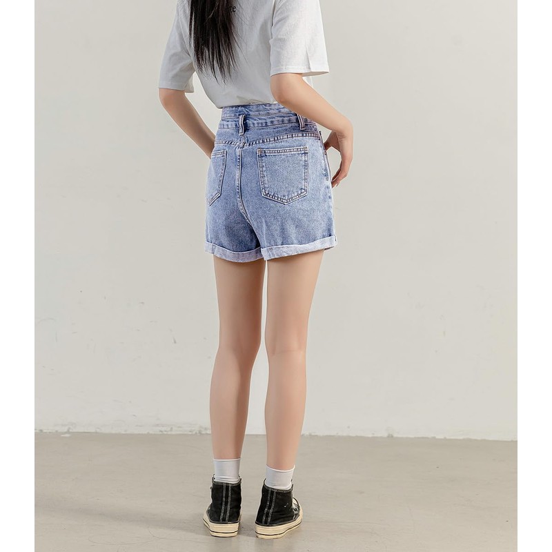 Teddy Women's Denim Shorts, High Waist, Roll-Up, Street, Medium Thick,
