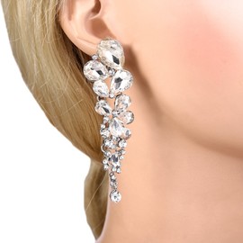 EVER FAITH Women's Austrian Crystal Gorgeous Tear Drop Wedding Clip-on Dangle Earrings Clear Silver-Tone