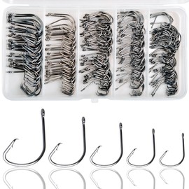 Fishing Hooks Kit Saltwater Freshwater Circle Hooks High Carbon Steel Barb Fish Hooks Fishing Gear Equipment with Tackle Box Assorted Size Octopus Beak Offset Fishing Hooks 210pcs