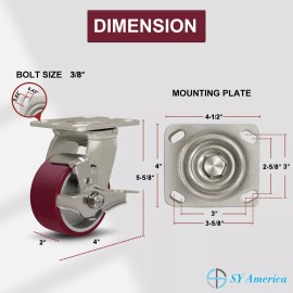 Unbranded 4"X 2" Heavy Duty Casters Aluminum Core Wheels  Capacity up to 800-3200LB - 2 Brake 2 Rigid