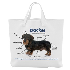 Merchandise for Fans 01 Shopping Bag / Beach Bag with Dachshund / Teckel / Dachshund Alternative Anatomy Design, White with photographic print