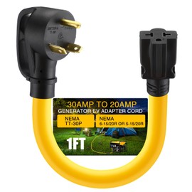 Mootycapa NEMA TT-30P to 6-20/15R or 5-20/15R Generator EV Adapter Cord, 3 Prong 30 Amp TT-30P to 20/15 Amp 6-20/15R or 5-20/15R T Blade for Generator Dryer EV Charger, STW 12 AWG, 1FT, ETL Listed