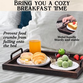 Kazozobi Wood Serving Trays with Metal Handles, Set of 2 Nesting Wooden Ottoman Tray for Living Room, Farmhouse Food Serving Trays for Breakfast, Dinner, Drinks, Vintage Brown