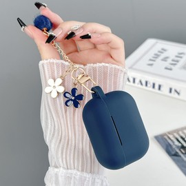 Cute Case for Airpods Pro 2nd/1st Generation Cover for Girl Women with Pom pom Flower Keychain & Cleaner Kit, Soft Silicone Protective Skin for Airpods Pro 2/1 Gen 2019/2023/2022, Blue