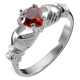 GWG Jewellery 925 Sterling Silver Claddagh Love Ring with Ruby Red Heart Stone, Hands, and Crown – 10 in Gift Box for Women