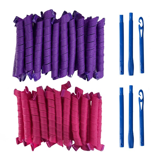 Pack of 40 55 cm Manual Hair Rollers Spiral Curls, DIY Hair Styling Tools for Women (Purple and Pink)