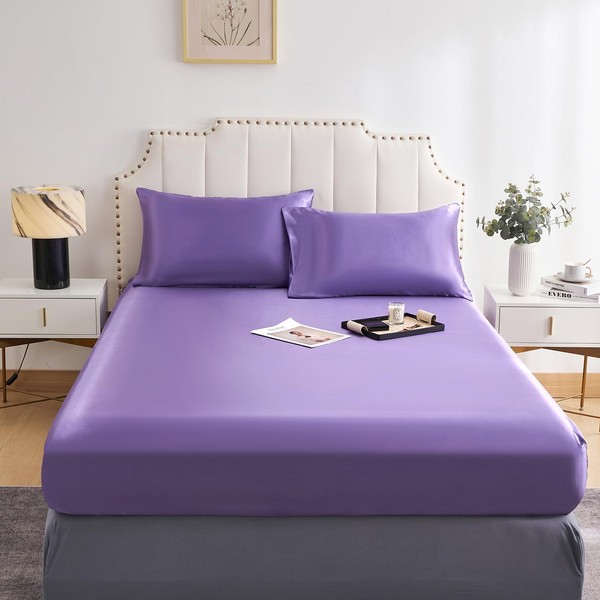 DuShow Fitted Sheet-Deep Pocket Satin Silky Bed Sheet,Breathable Soft and