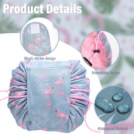 Cosmetic Bag with Drawstring, Quick Makeup Bag, One-Step Organiser Makeup Bag, Make Up Bag, Travel Cosmetic Bag, Portable Large Cosmetic Bag with Flamingos, for Lazy Women and Girls
