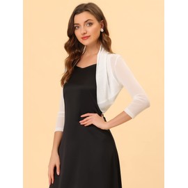 Allegra K Women's Bolero Festive 3/4 Sleeve Ruffle Mesh Transparent Crop Cardigan Shrug Boleros, White