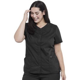 Cherokee Women's V-Neck Scrub Top with Snap Front, 4 Pockets, and 2-Way Stretch Fabric Plus Size WW622, 3XL, Black