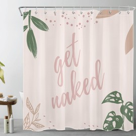 ECOTOB Get Naked Mid Century Shower Curtain Green Leaves with Pink Funny Quote Minimalist Shower Curtain for Bathroom Modern Simple Fabric Waterproof Polyester Bath Curtain with Hooks, 72x72 inch