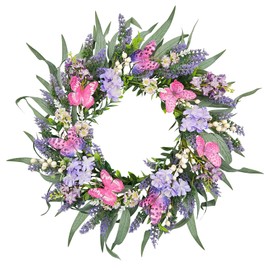 22 Inch Lavender Wreath for Front Door, Artificial Floral Wreath with Pink Butterflies & Berries, Purple Lilac Wreath for Farmhouse Wall Window Decor, All Seasons Indoor Outdoor Home Decor