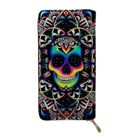 Biyejit Women Long Leather Wallet Travel Wallet Credit Card Holder Cell Phone Clutch Large Capacity Zipper, Trippy Skull, Fashionable