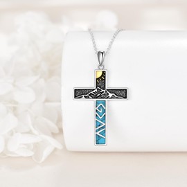 YONFQE Gott ist größer als Höhen und Tiefen, Halskette 925er Sterlingsilber mit türkisfarbenem Kreuzanhänger, Schmuck für christlichen Glauben, Geschenke für Frauen und Männer
