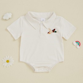 Baby Boy Summer Clothes Newborn Striped Mallard Duck Bubble Romper Infant Gentleman Bodysuit Top T Shirt Outfit (A Striped Mallard Duck Beige, 0-3 Months)