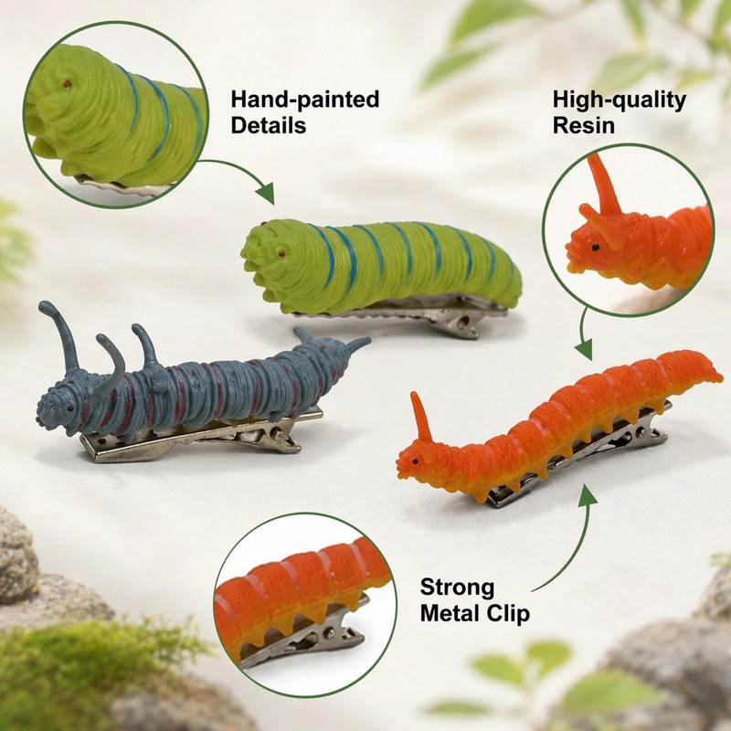 12PCS Bug Hair Clips Hand Painted 3D Caterpillar Duckbill Clip