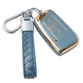 CHEZENHUI - Funda compatible con VW Volkswagen, con cordón de piel, funda para llave de coche, protección para Volkswagen Tiguan, Atlas Jetta, Passat, Golf Alltrack, control remoto inteligente, color azul