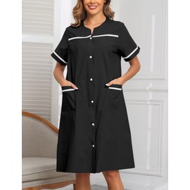 YOZLY House Dress for Women Short Sleeve House Coat Duster Lounger Robe with Pockets, Black Solid, XX-Large