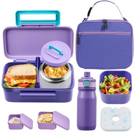 PIQUEBAR Kids Lunch Box with 8oz Thermo, Leakproof Bento Box with Insulated Bag, Kids Insulated Water Bottle, Food Lunch Container for Back to School Girls Boys, Purple