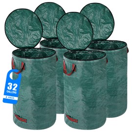 Pilntons 4 Pack 32 Gallons Reusable Yard Waste Bags with Zipper Lid Lawn Leaf Bags Heavy Duty with 4 Handles Garden Waste Bags Container for Clean Up Outdoor Debris Leaves Grass Clippings