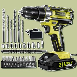 Cordless Drill Set, KELNOW 21V PowerDrill with Power Pack and Charger, 3/8-Inch Keyless Chuck ElectricDrill, 25+1 Position, 2 Speed, 27pcs Drilldriver Bits Tool Drills for DIY Projects