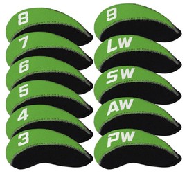 FLTRAD 12pcs/set Iron Club Protector Golf Head Covers 3-9 AW/SW/PW/LW Elastic Reused Neoprene Material with Number Tag Protect Case For Gift (Green)