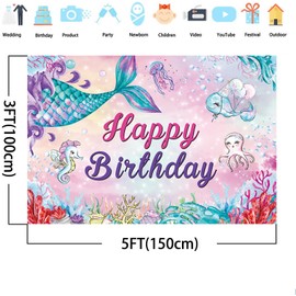 Fondo de sirena para decoración de fiesta de cumpleaños de sirena, fiesta de cumpleaños del mar, para niña, princesa, sirena, con temática de feliz cumpleaños, suministros de 5 x 3 pies