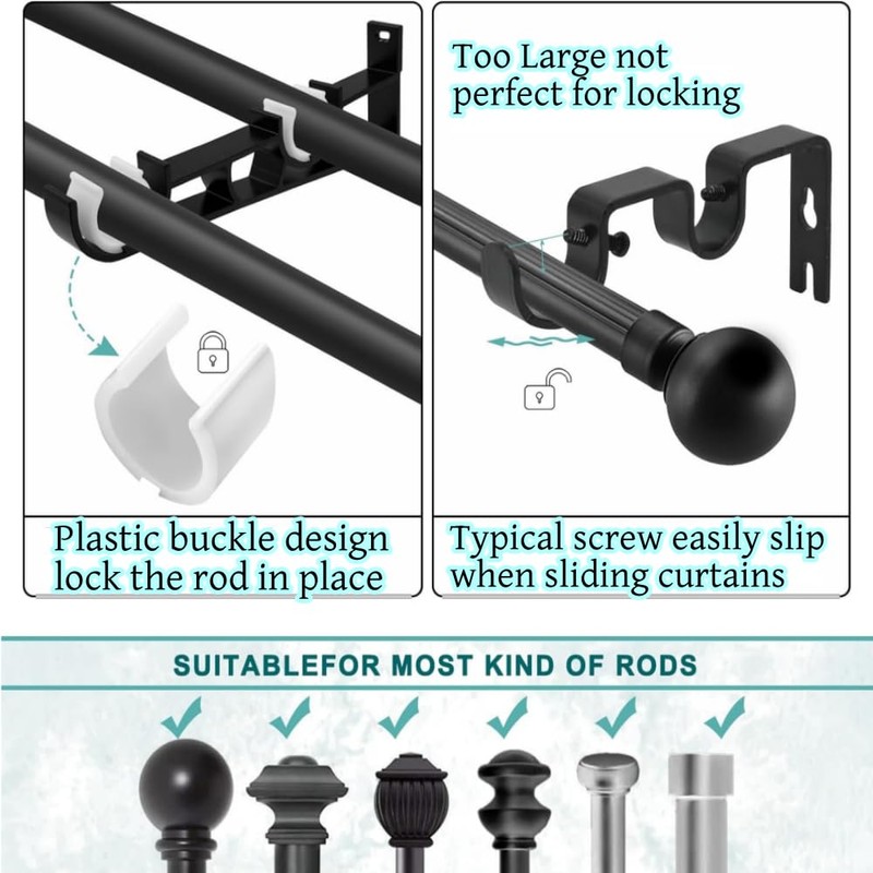 DACUAN 4 Pack Black Curtain Rod Brackets, Double Curtain Rod